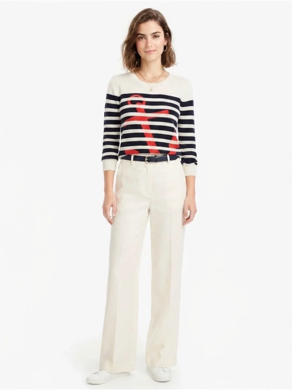 J. Crew Navy & Cream Striped Sweater with Red Anchor, size Small